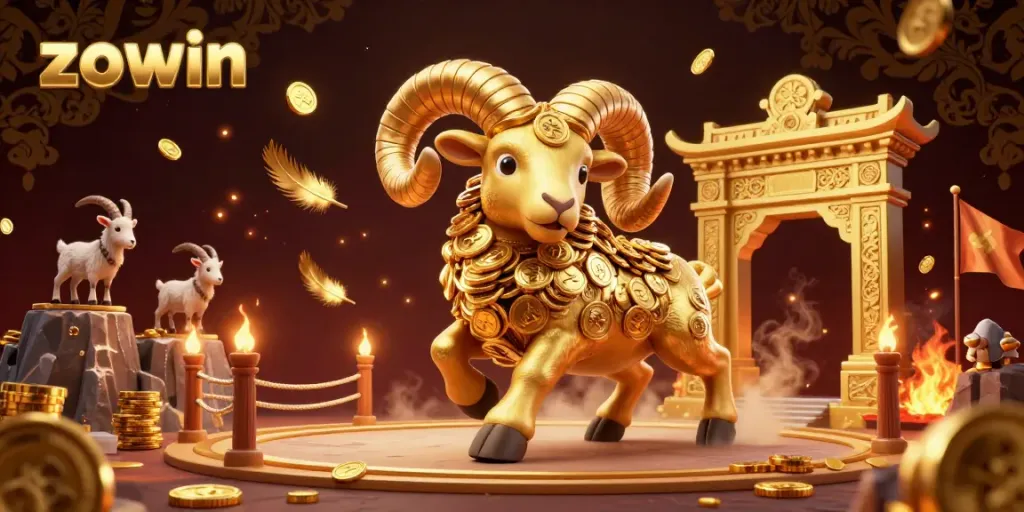Experience exhilarating gameplay at ZOWIN with a dynamic scene featuring a golden ram charging through a dazzling arena.