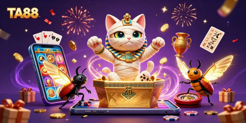Engage in gaming excitement with TA88's vibrant casino scene featuring an energetic mummy cat.