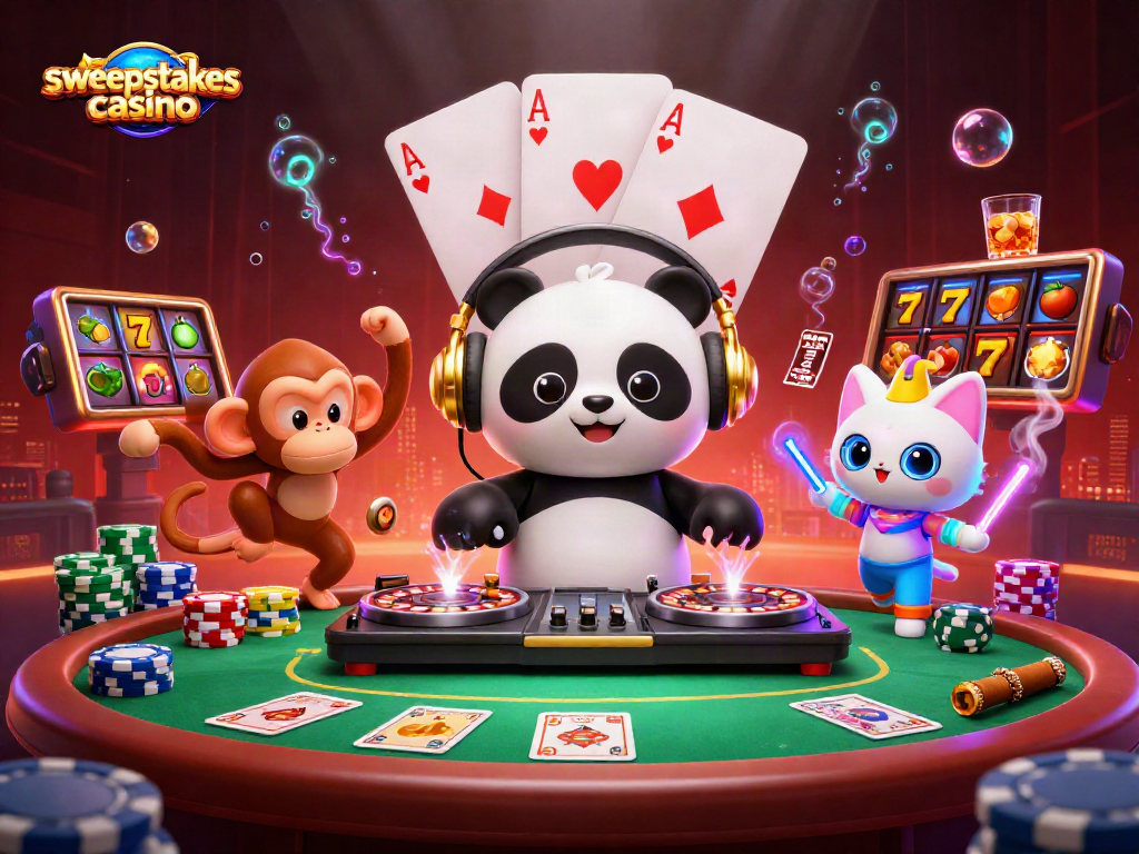 Engage in sweepstakes casino excitement with a vibrant 3D party scene featuring playful characters.