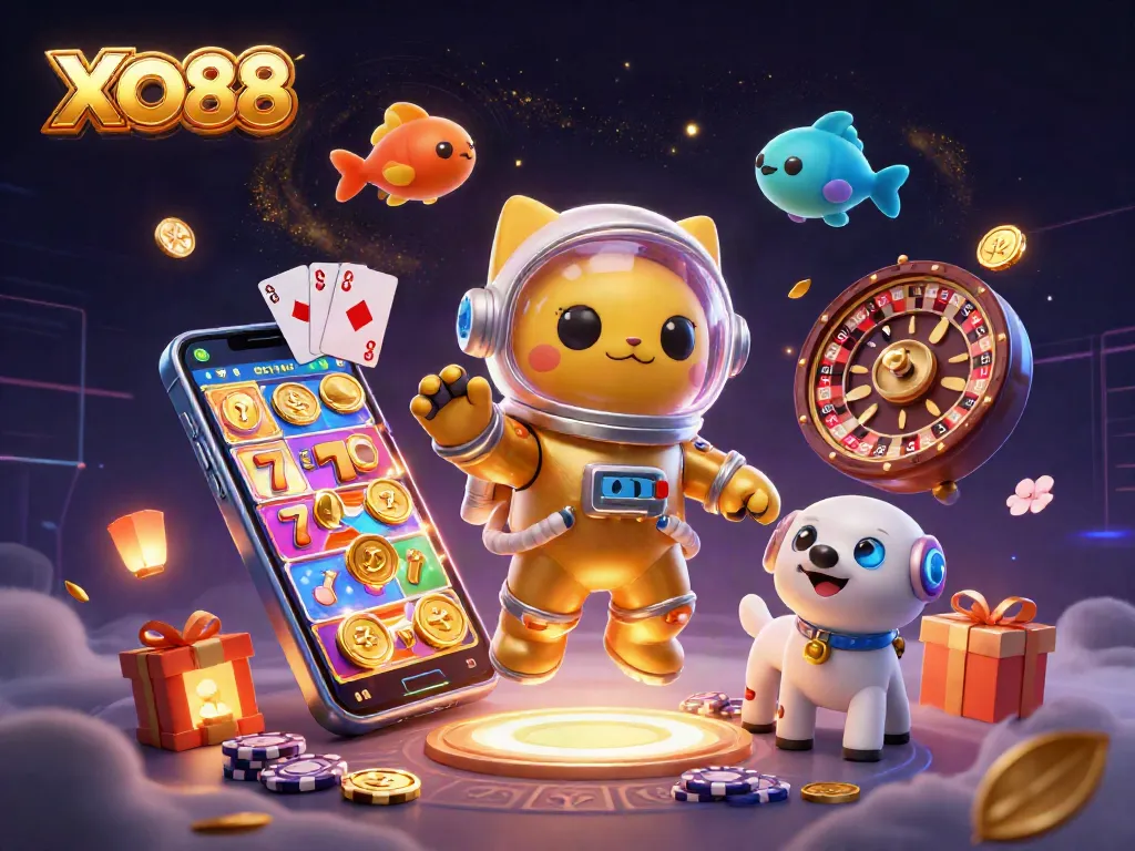 Engage in thrilling action at XO88 with vibrant slot games, winning coins, and festive casino elements.
