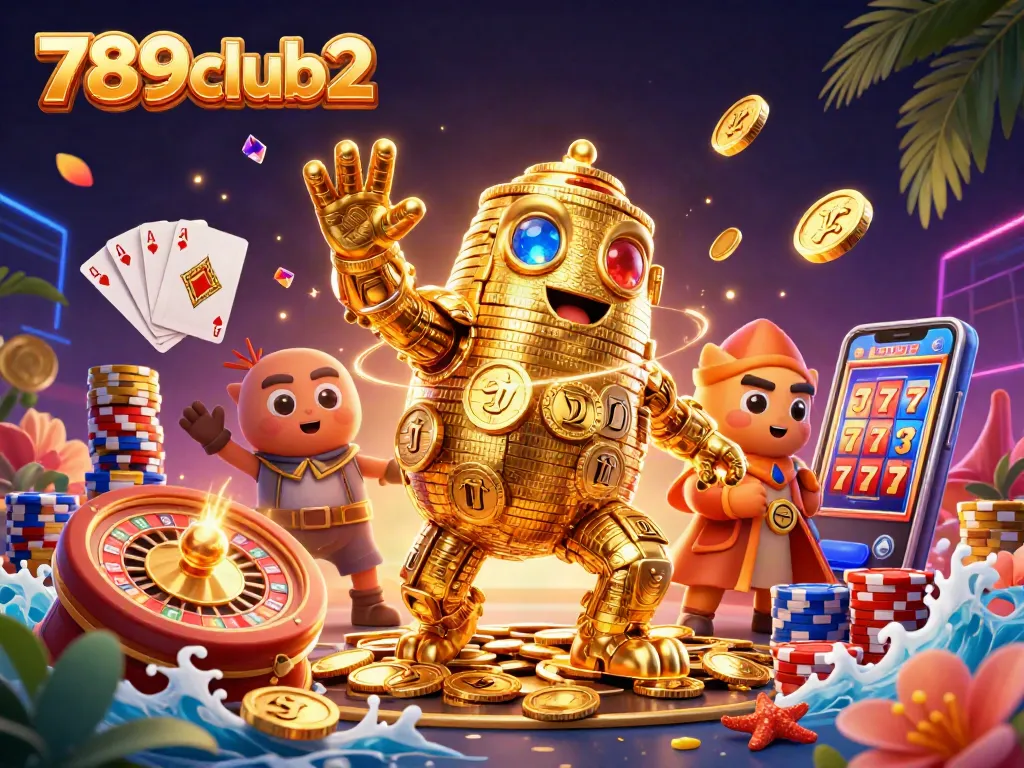 Engage with thrilling games at 789club2, featuring dynamic casino elements like golden coins and spinning roulettes.