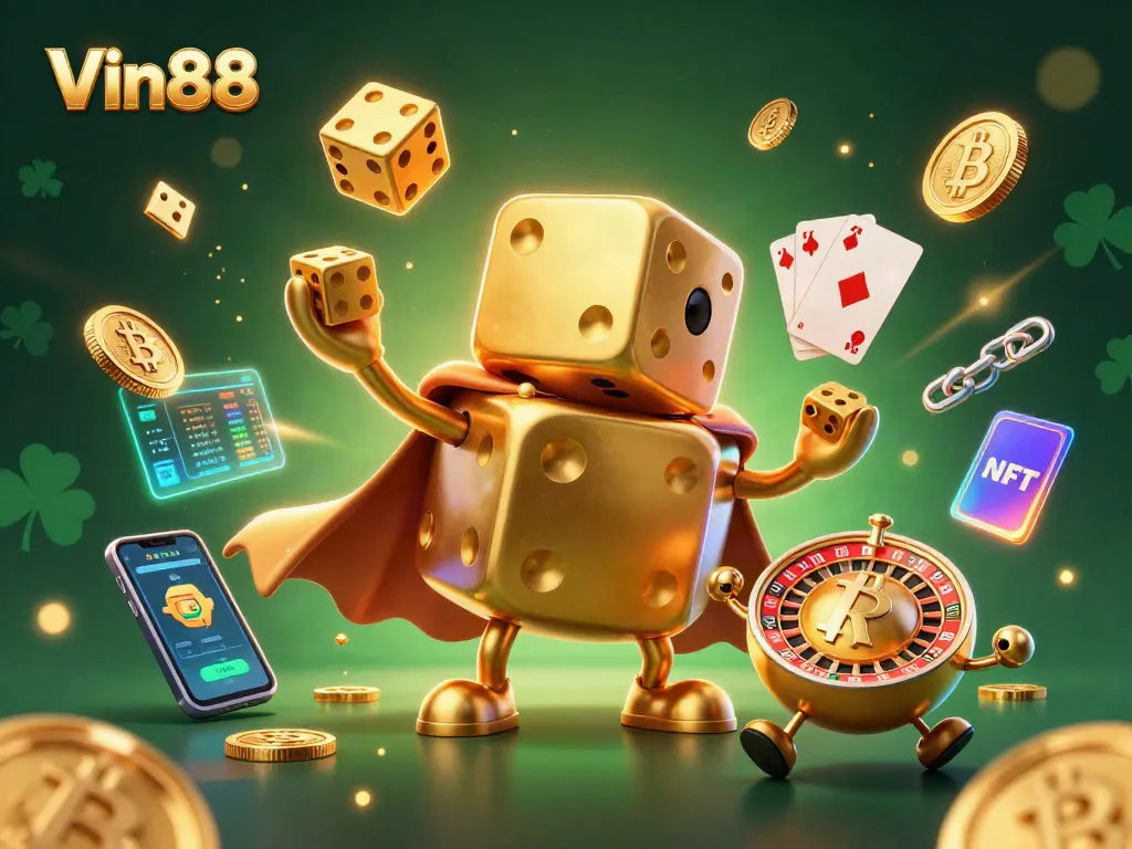Experience Vin88's thrilling gaming with vibrant characters and dynamic crypto symbols in this captivating casino illustration.