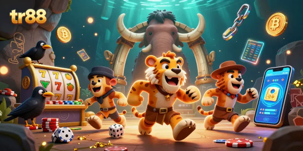 Join the fun at tr88 in our vibrant prehistoric casino with poker chips and Bitcoin coins!