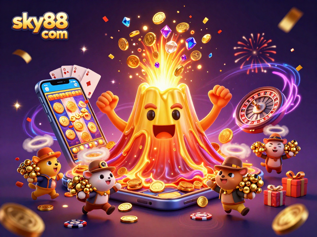Fleeing treasures from sky88 com erupting volcano in a vibrant casino landscape.