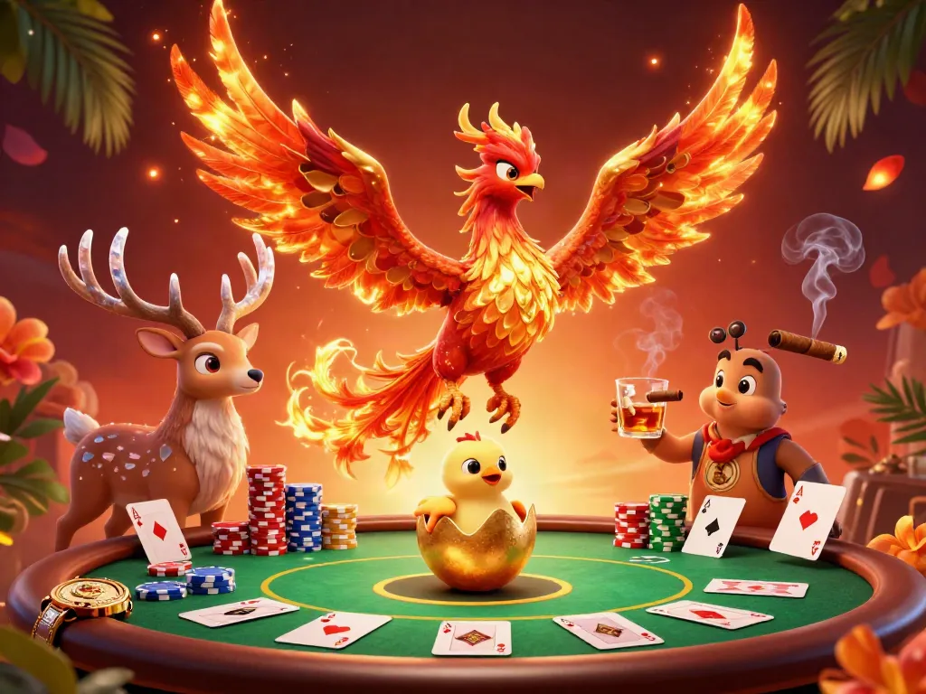Experience the thrilling adventures of TK444 with a fire phoenix and mystical stag, surrounded by poker elements.