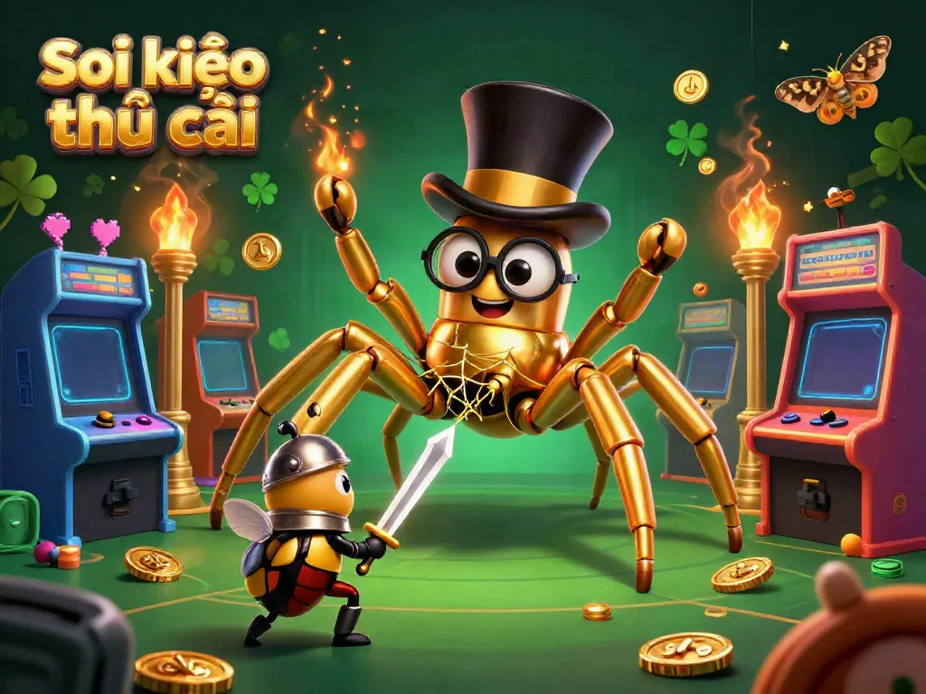 Soi kèo nhà cái showcases a golden tarantula and a beetle knight in a dynamic sports betting scene, rich in casino elements.