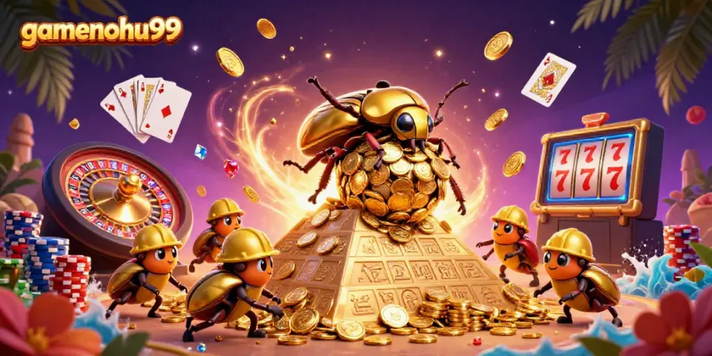 Activate winning spins with gamenohu99's vibrant casino-themed illustration featuring dynamic golden elements.