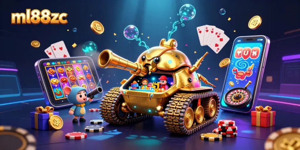 Experience thrilling gaming at ml88zc with vibrant slot games, gold coins, and festive confetti.