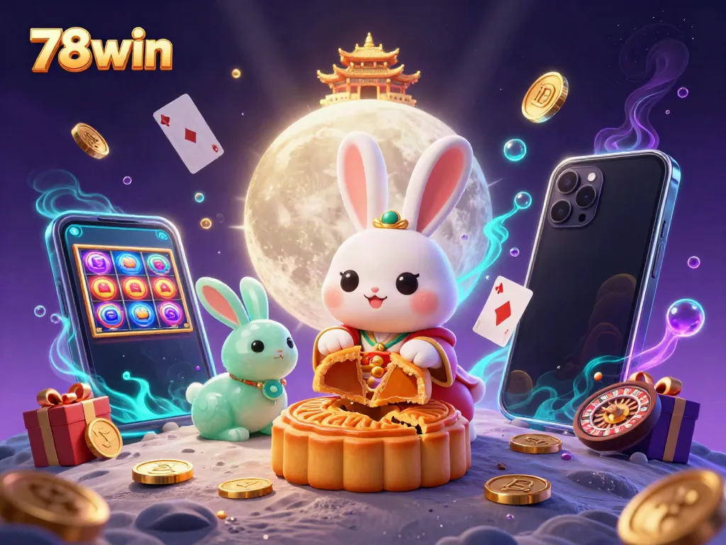 Engage with the vibrant 78win moon rabbit animation showcasing casino elements and playfulness.