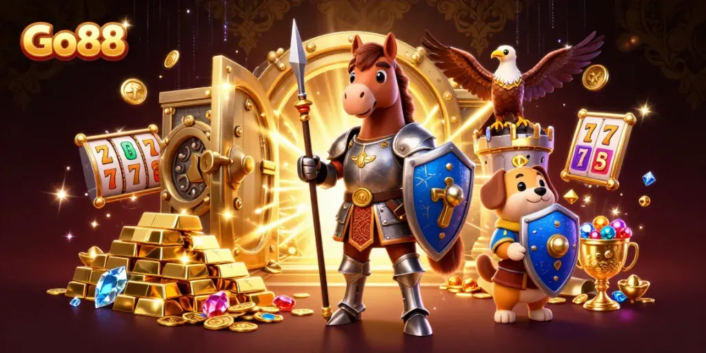 Join the thrill with Go88's exciting slots and treasures in this dynamic illustration.