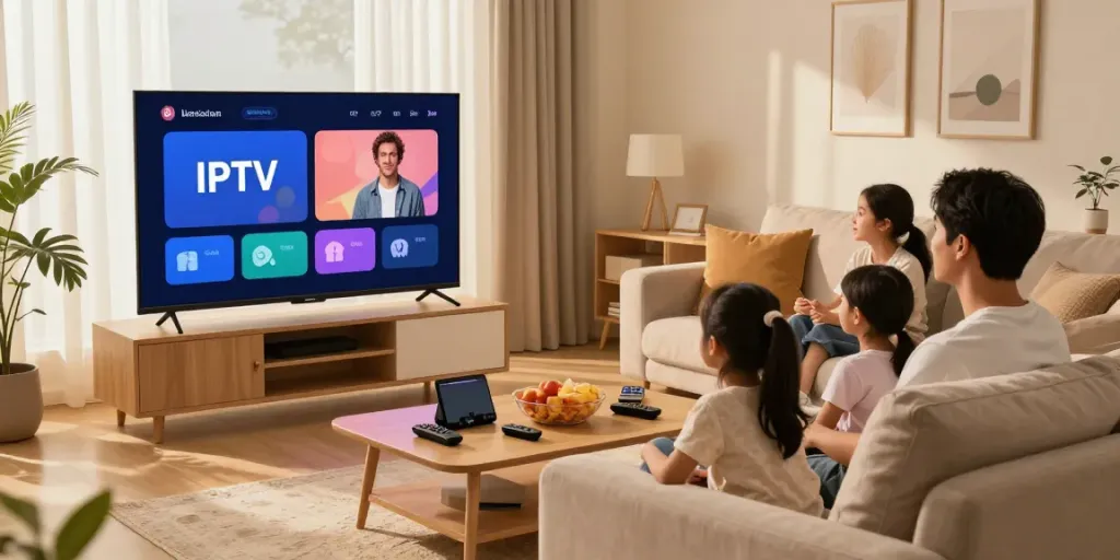 Family enjoying a movie with IPTV subscription on a Smart TV in a cozy living room.