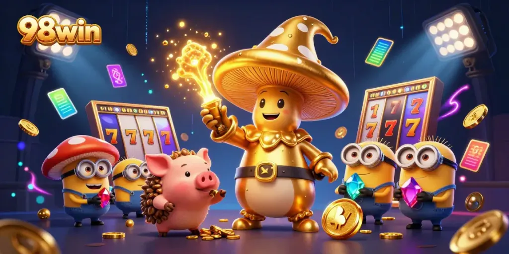 Experience 98win’s festive cash opportunities with a vibrant casino magic scene featuring a golden wizard and treasure.