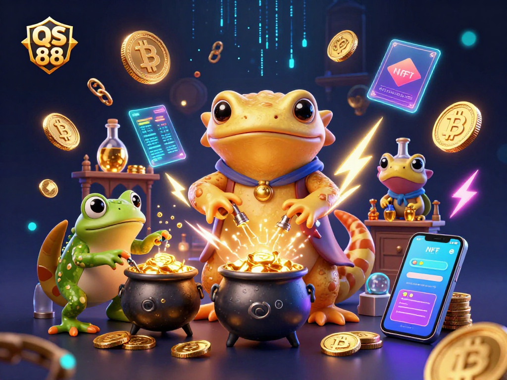 Engage with QS 88's extraordinary realm of digital gold and crypto in this vibrant casino illustration.