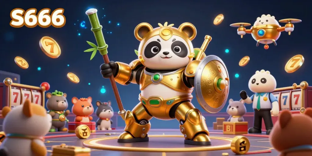 S666 showcases a vibrant mech-suit panda in an electrifying arena packed with stunning slot elements, engaging players in a unique gaming experience.
