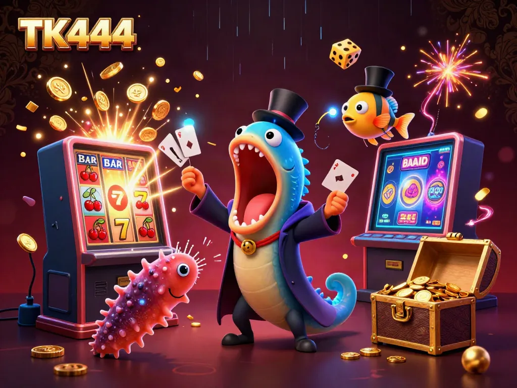 Experience the excitement of TK444 with a vibrant underwater casino-themed illustration of sea creatures, slot machines, and magical effects.