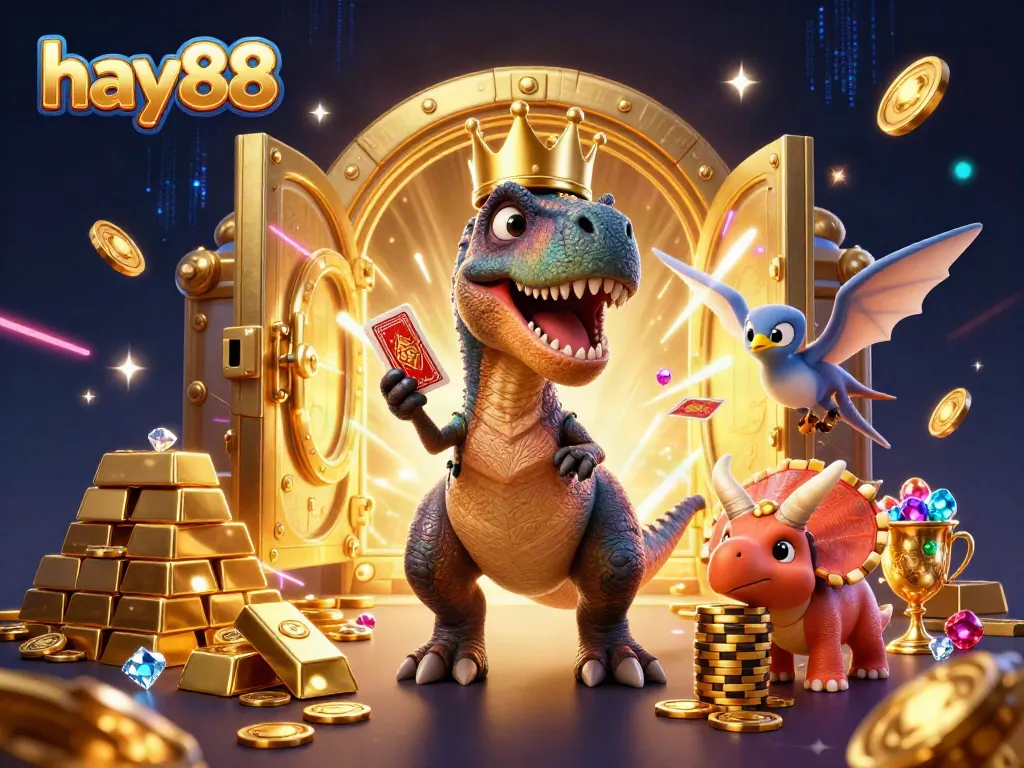 Engage in thrilling gaming at hay88 with our animated casino scene featuring vibrant characters and sparkling treasures.