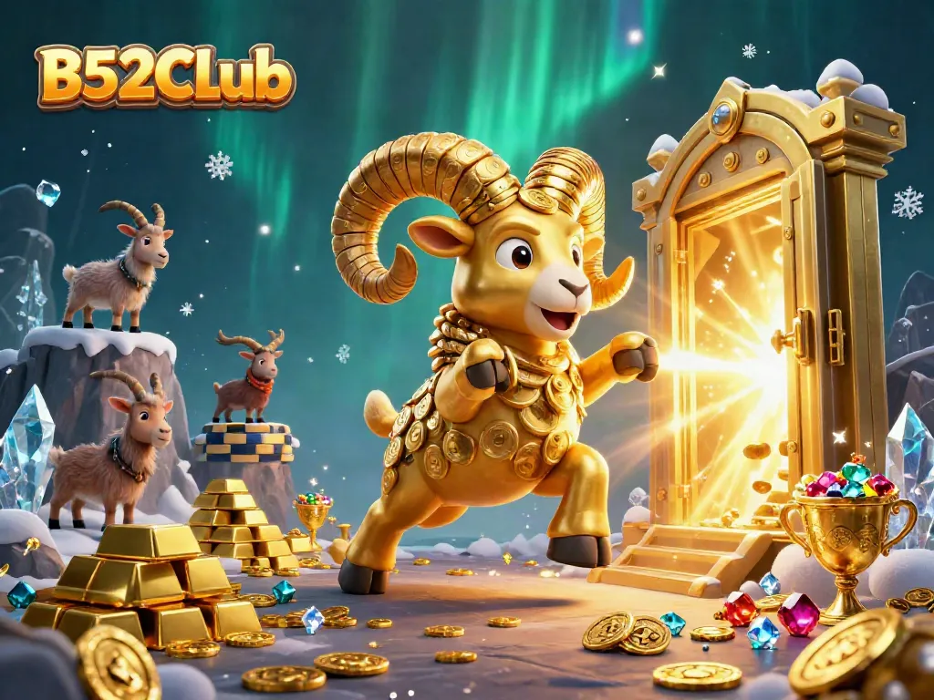 Engage with B52CLub's dynamic 3D scene full of golden treasures and casino excitement.