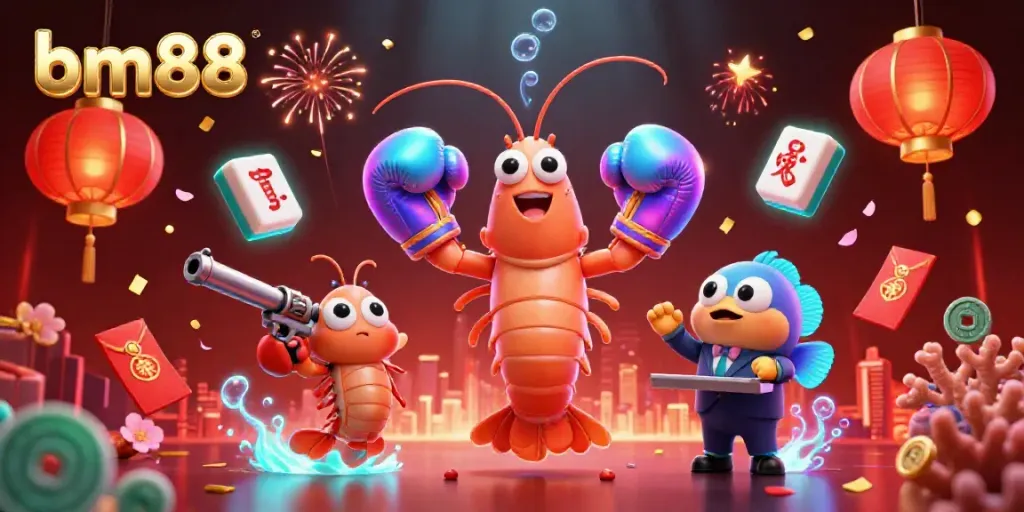 Experience the excitement of bm88 with a dynamic scene featuring marine characters, casino symbols, and vibrant elements.