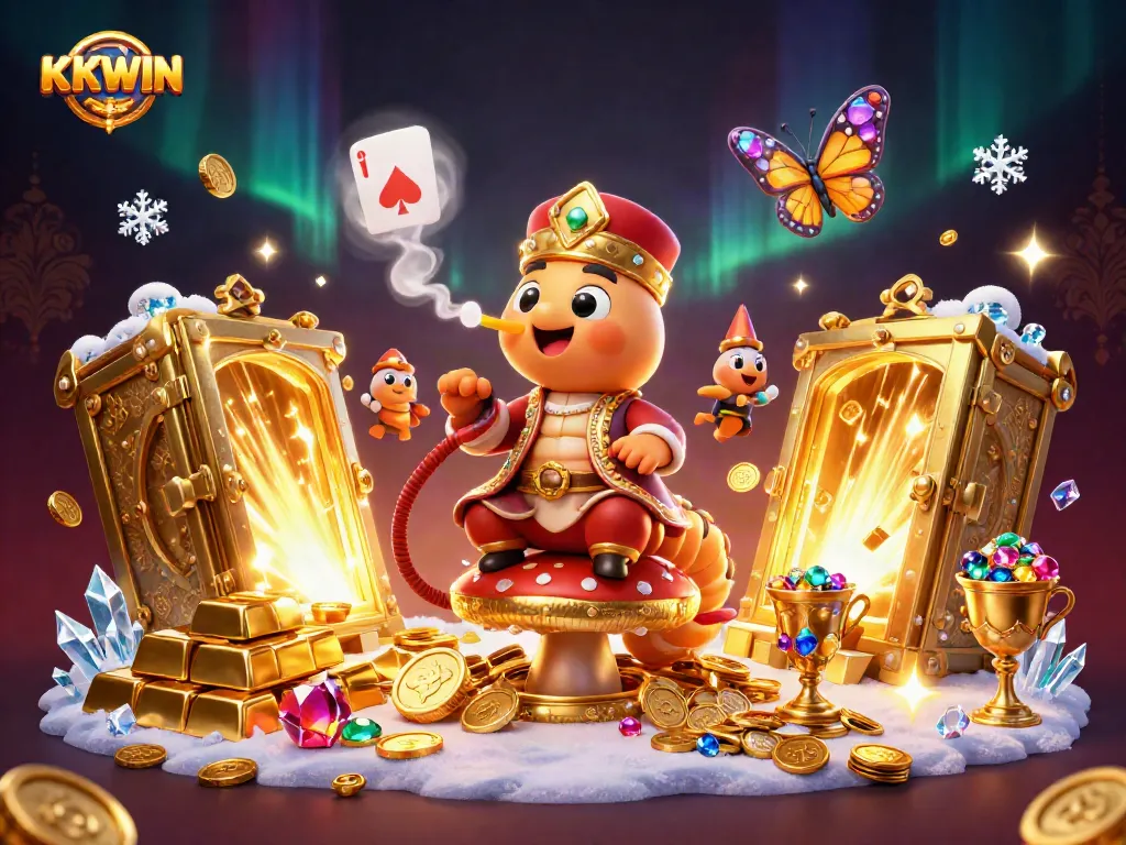 Engage with the KKWIN experience as a whimsical caterpillar guide in a casino wonderland.