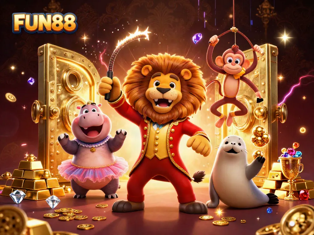Join the excitement at FUN88 with dynamic characters celebrating casino wins and treasures!