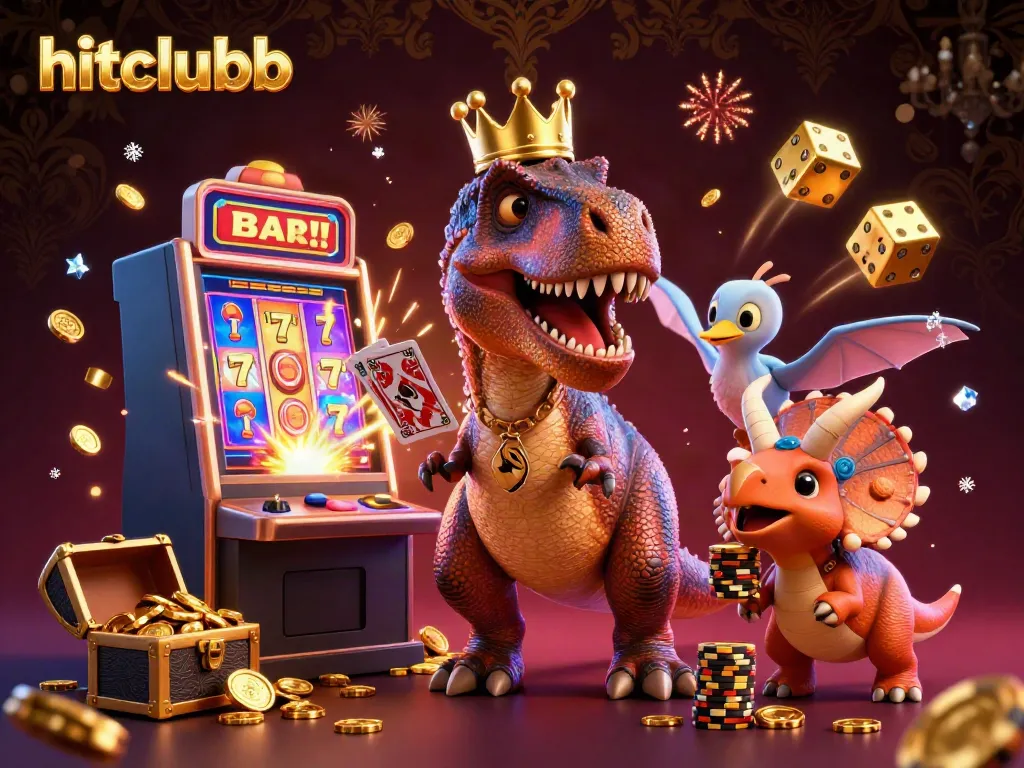 Experience excitement at hitclubb with a lively illustration of a T-Rex, pterodactyl, and triceratops in a colorful casino setting.