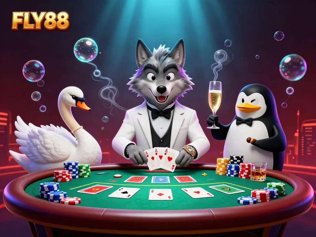 FLY88 enhances your gaming experience with a vibrant casino scene featuring a wolf, swan, and penguin.