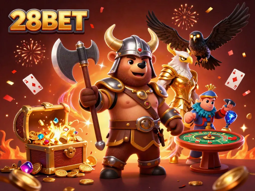 Experience thrilling gaming with 28BET in an immersive 3D illustration featuring rich casino elements.