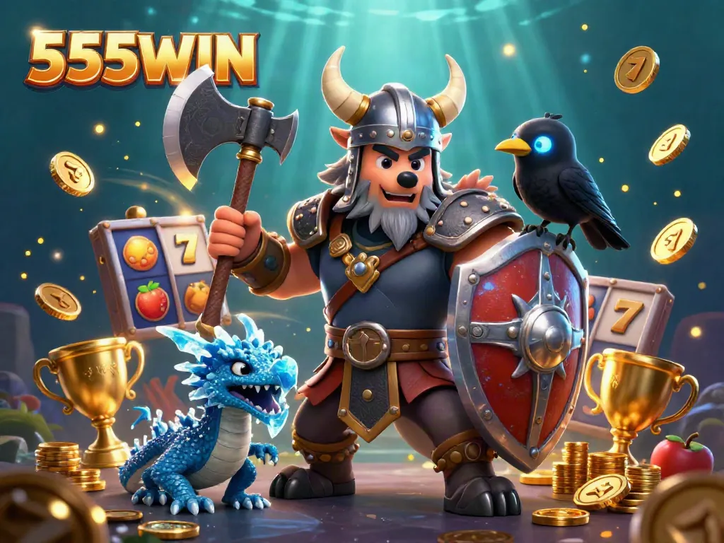 Join the excitement with 555WIN as a Viking wolf warrior battles amidst a thrilling slot machine backdrop.