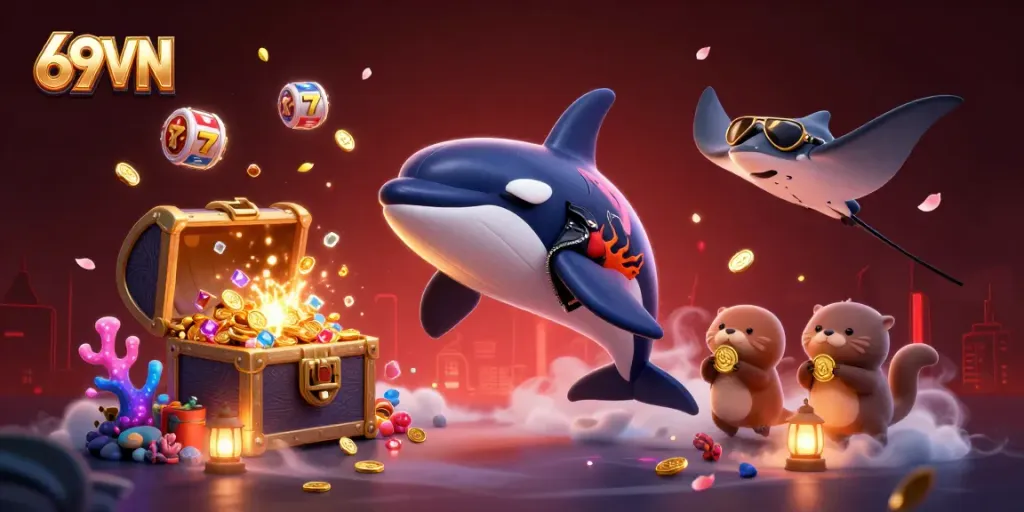 Experience thrilling 69VN adventures with orca and otters collecting coins in a vibrant casino scene.