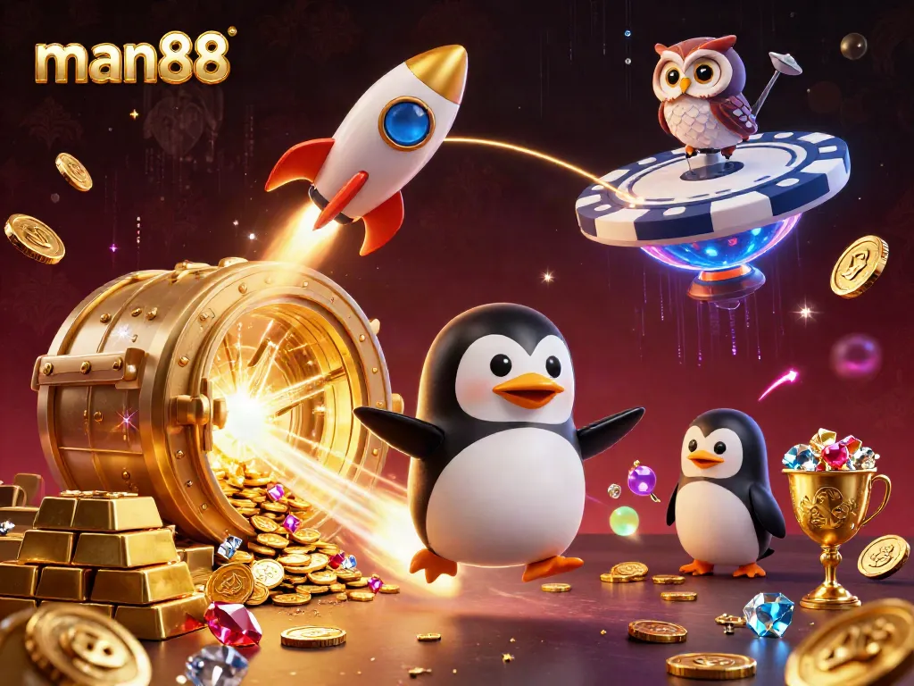 Engage with thrilling gaming opportunities at man88, where a golden penguin and casino elements burst with excitement.
