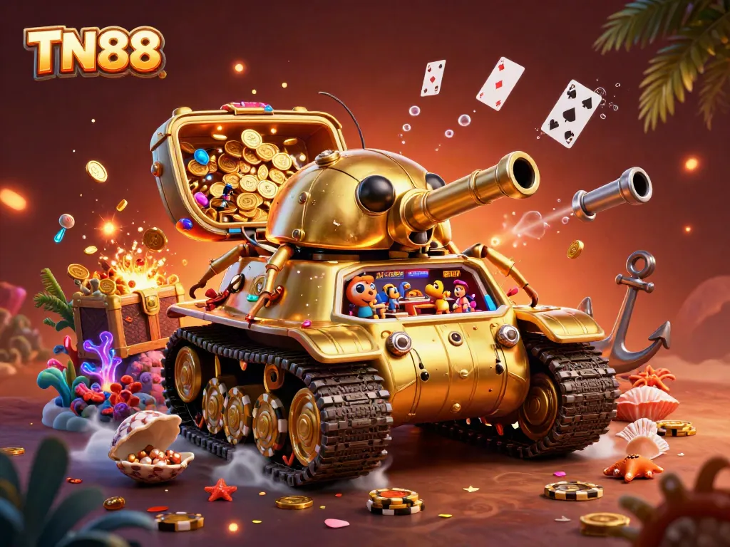Engage with the TN88 miniature casino inside a golden beetle tank amidst a vibrant treasure scene.