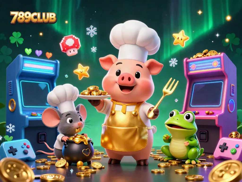 789CLUB's lively gaming scene with a chef pig serving gold coins among vibrant arcade elements.