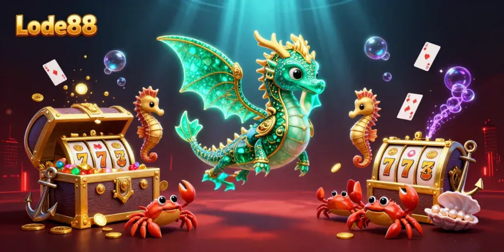 Experience the excitement of Lode88 with vibrant graphics showcasing slot reels alongside an elegant sea dragon scene.