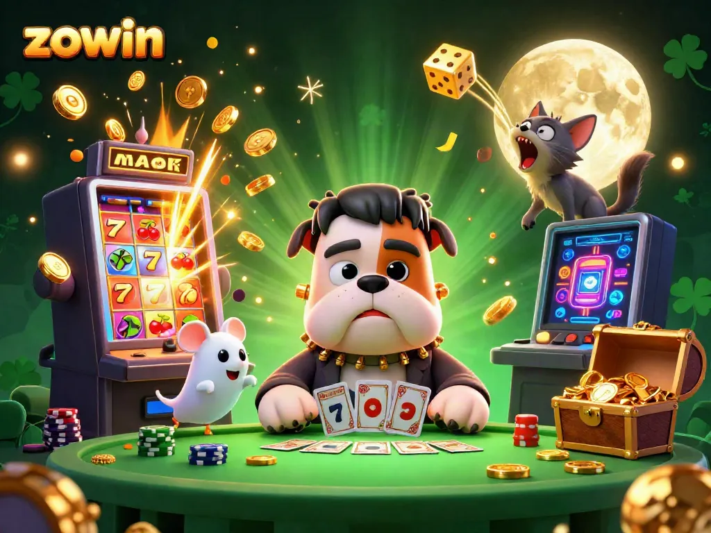 Zowin invites players for fun card games with a lively atmosphere featuring whimsical characters in a casino.