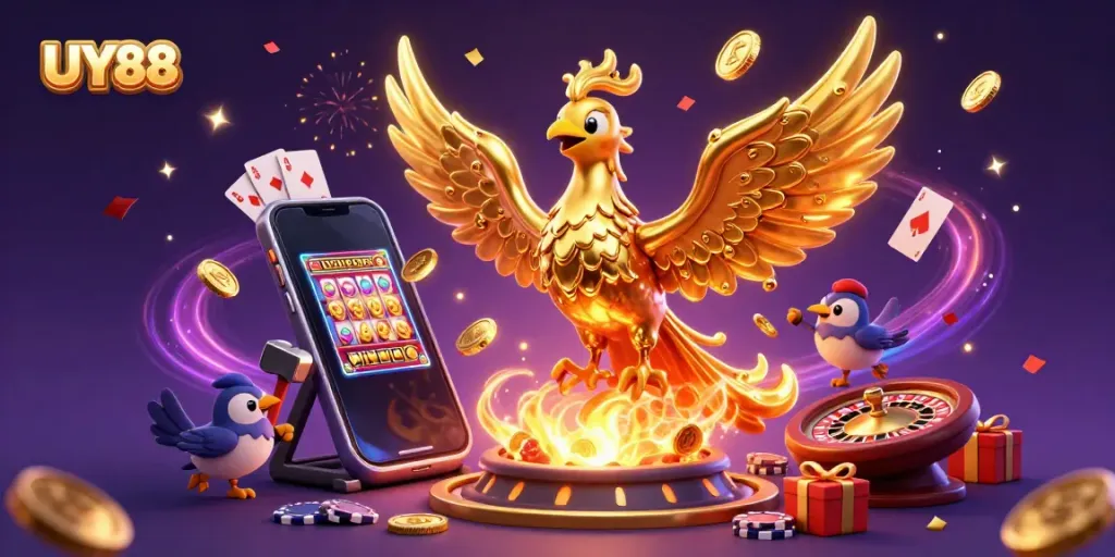 Experience dynamic gaming excitement with UY88's vibrant 3D illustration of a golden phoenix and casino games.