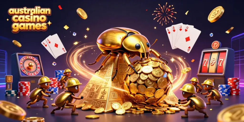 Experience thrilling australian casino games with dynamic casino-themed 3D illustration.