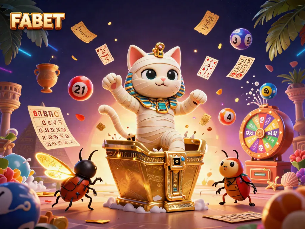 FABET casino illustration featuring a mummy cat and exciting gambling elements for dynamic play.