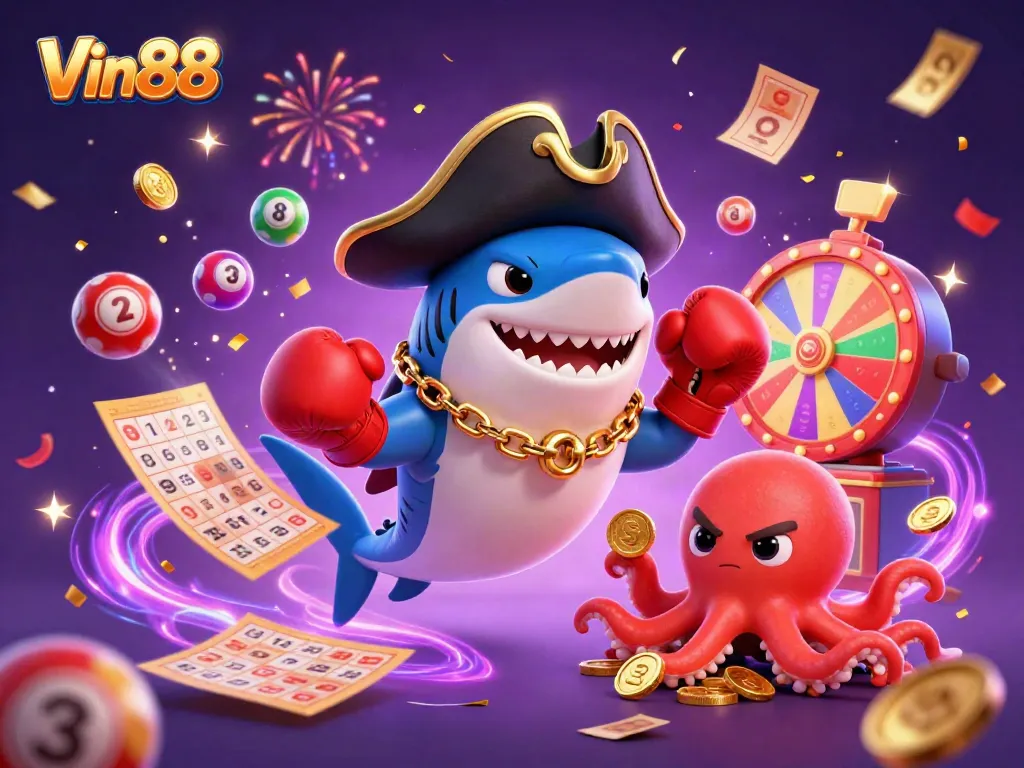 Engage with Vin88's vibrant casino adventure featuring a pirate shark and playful octopus.