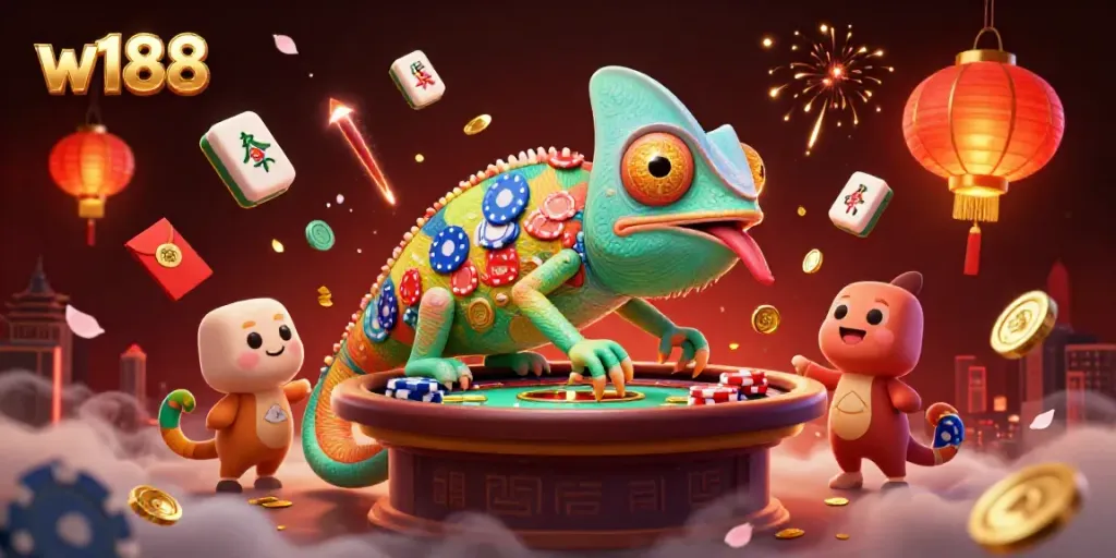 Engage in thrilling gaming with w188, where a chameleon casino owner collects golden coins amidst dynamic casino elements.