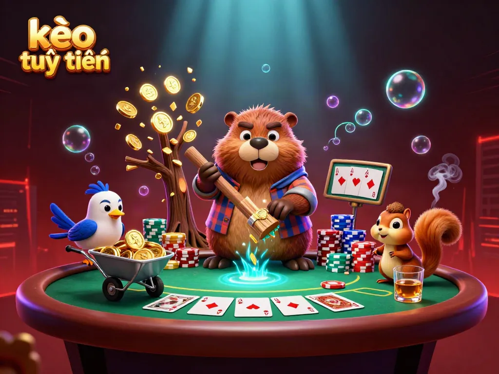 Engage with kèo trực tuyến as the beaver chips gold coins while surrounded by poker elements.
