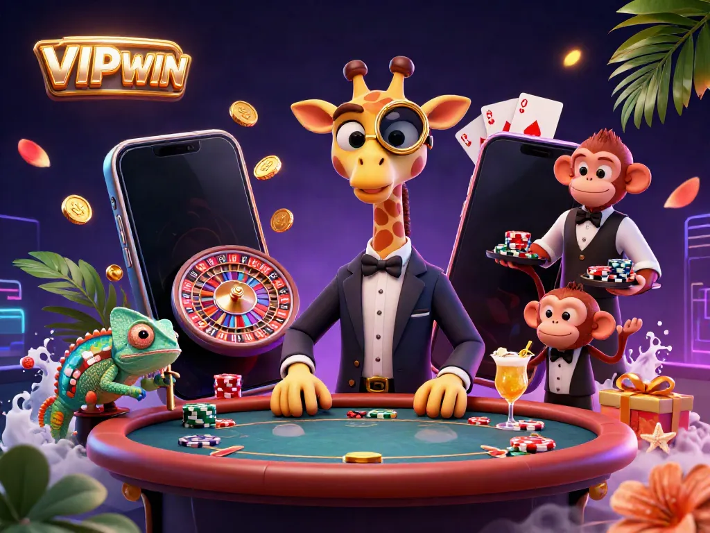 Experience the excitement of VIPWIN as a high-roller giraffe and friends enjoy a lively casino scene full of fun games and wins.
