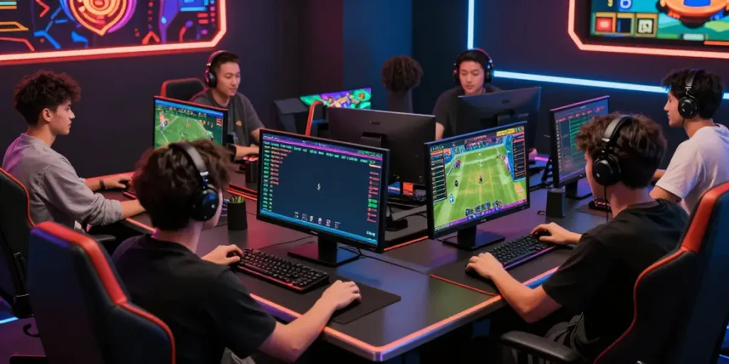 Engaged players at Nhà cái zbet in a vibrant online gaming setting.