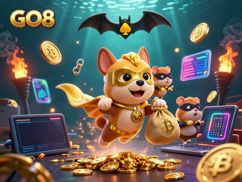 Engage in thrilling gaming with GO8 as a superhero dog captures gold coins in an exciting casino adventure.