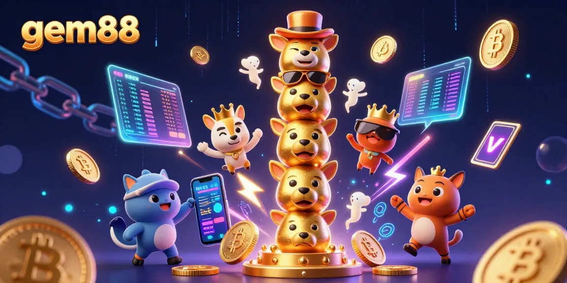 gem88 showcases a vibrant, 3D illustration of a golden totem pole surrounded by crypto elements and neon lights