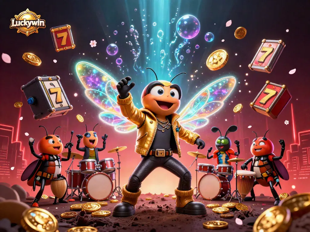 Engage thrillingly with Luckywin's vibrant casino atmosphere featuring a rockstar cicada amidst slot reels.