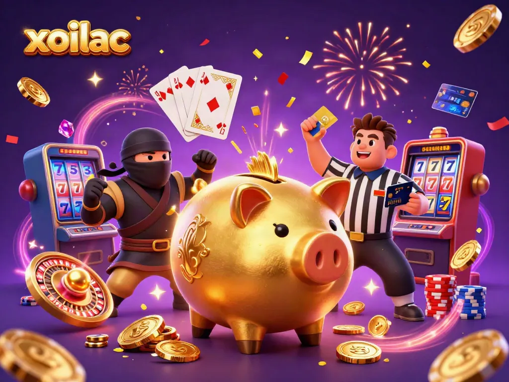 Xoilac gaming illustration featuring a golden piggy bank sumo wrestler amidst a flurry of coins, cards, and casino elements.