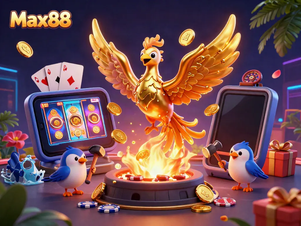 Experience thrilling gameplay at Max88 with a golden phoenix symbolizing fortune in a vibrant casino scene.