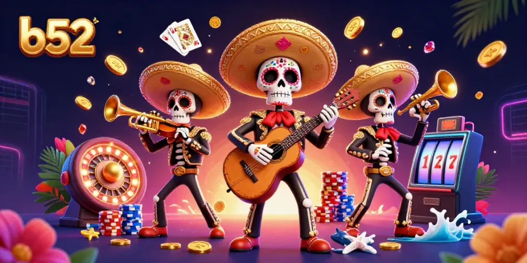 Engage with thrilling b52 gaming experiences featuring a vibrant mariachi band amidst golden coins and gaming symbols.