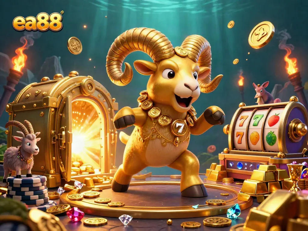 ea88 adventure in a packed casino scene with golden treasures and slot machines