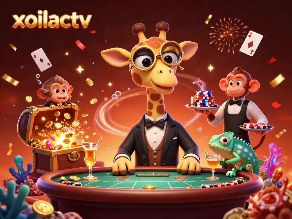 Xoilactv showcases vibrant casino energy with a high-roller giraffe in a poker scene surrounded by gaming elements.